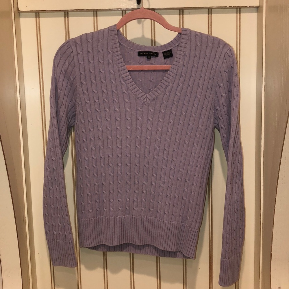 Light purple v neck cable sweater